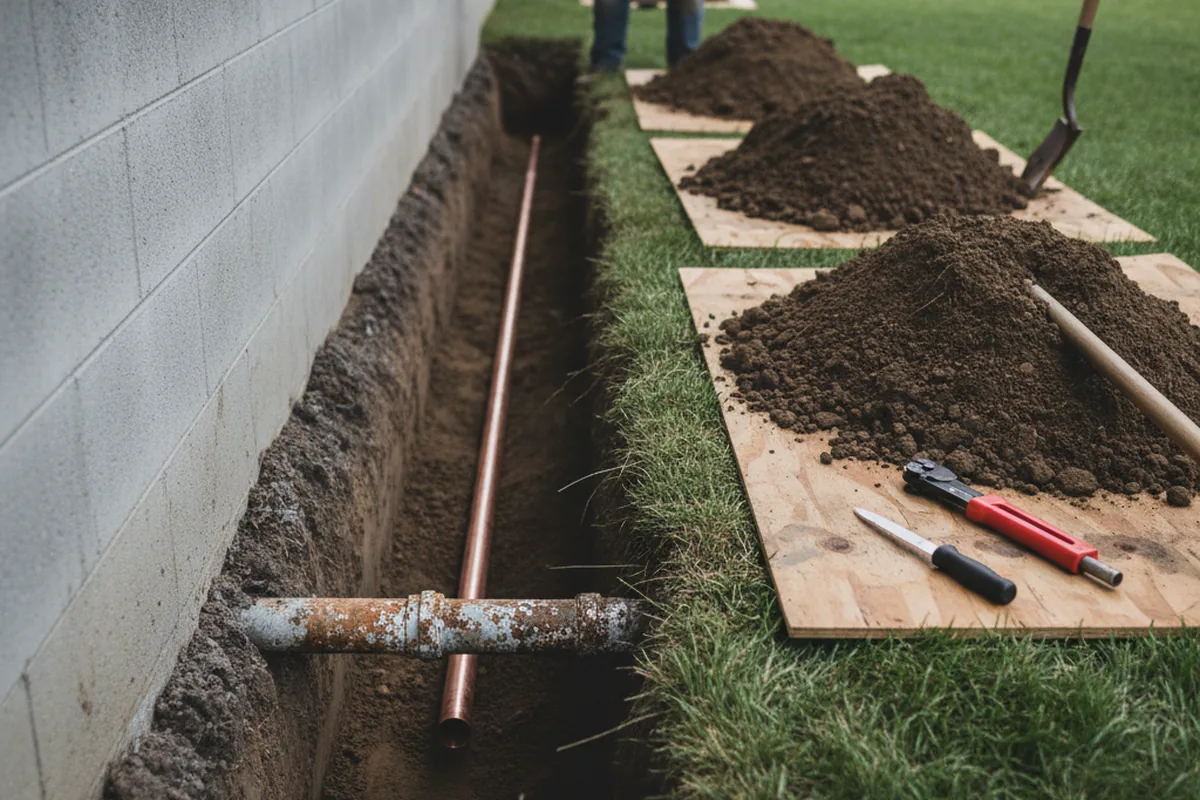 Excavated water line trench during Water Softener Installation in Ochopee